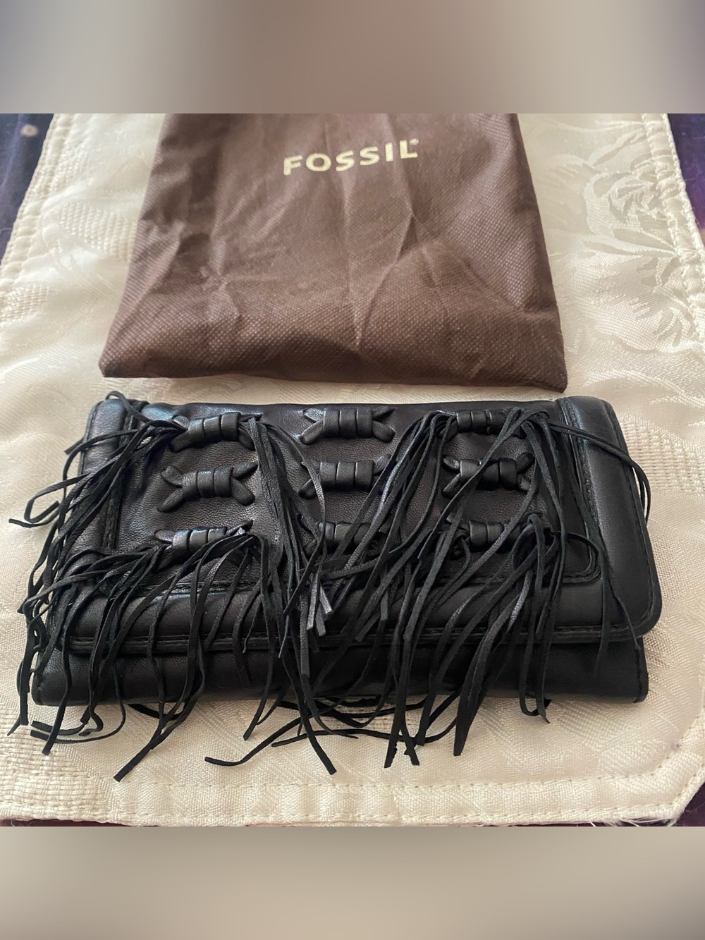 Anthropologie Lucky Penny Clutch Wallet Black Leather Fringe  Western Cowgirl